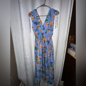 Floral Blue V-Neck Maxi Dress with Tie Straps